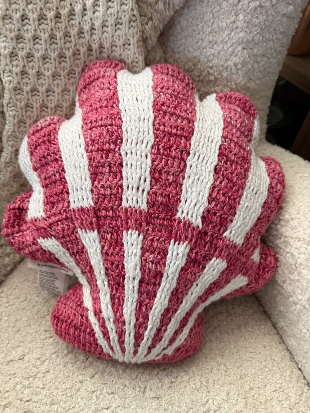 Anthropologie Pink & Ivory Knit Seashell Throw Pillow Coastal Beach Decor